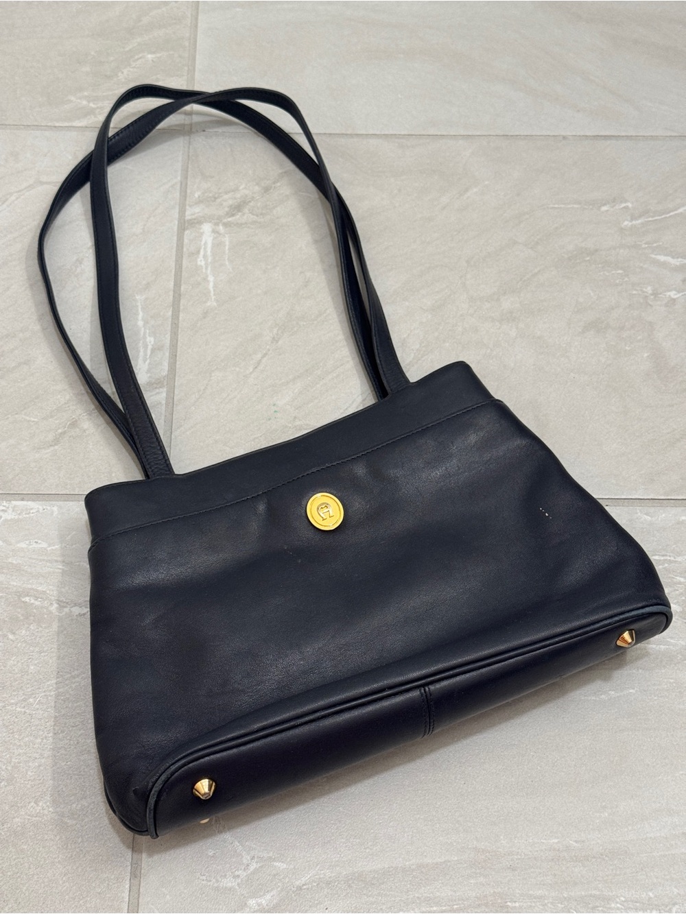 Classic Navy Leather Shoulder Bag with Gold Accent Minimalist